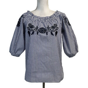 Blue Heaven Blouse Top Small Blue White Striped Floral Embroidered Boho Womens